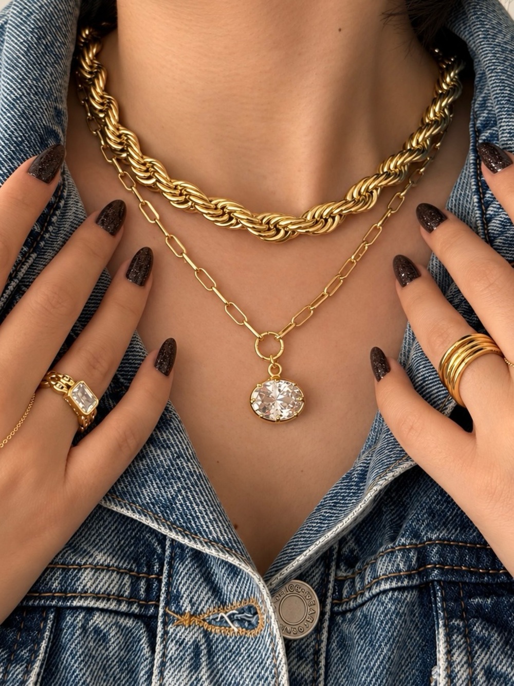 14K Gold Tone Crystal Pendant Necklace Paperclip Chain Adjustable Trendy Jewelry